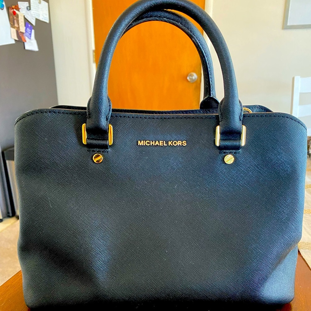 Michael Kors Savannah Medium Leather Satchel (Black with Gold Zippers)